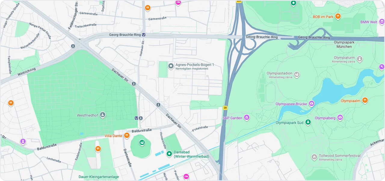 Map of Munich-Moosach around Agnes-Pockels-Bogen 1, next to the Olympiapark